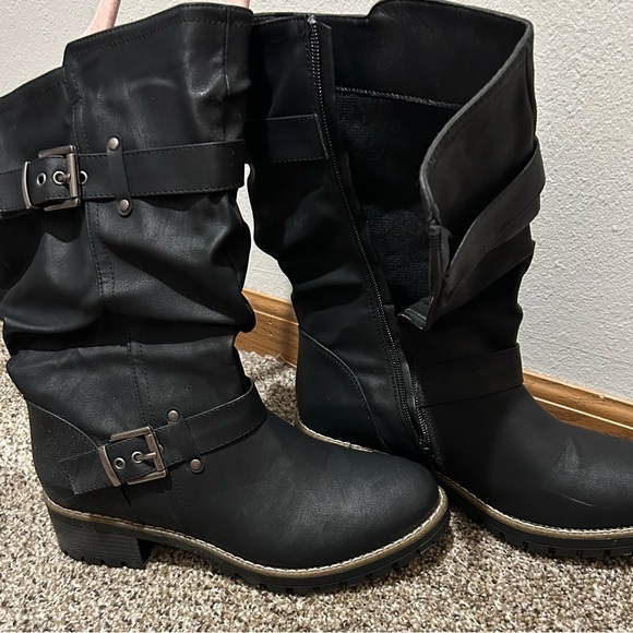 Global Win Black Moto Wide Calf Boots with Buckle Accents - Picture 4 of 9